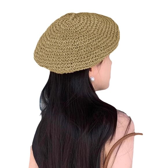 7295 Women Girls Fashion Straw Woven French Beret Hat Classic Crochet main image 7
